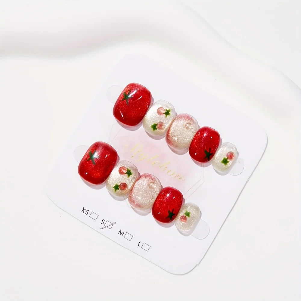 10pcs Festive Red Oval Short Press-On Nails with Cute Tomato Design Glossy Finish Holiday Nail Art Set for Women and Girls Wear