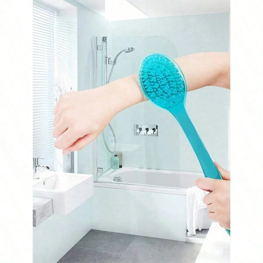 1 exfoliating bath brush with extended handle, specially designed for scrubbing the back, bath back scrubber, soft bristles, non-slip handle