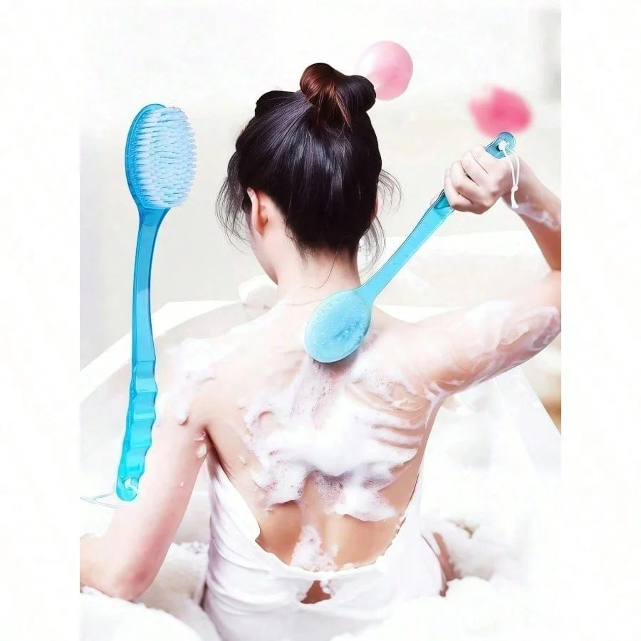 1 exfoliating bath brush with extended handle, specially designed for scrubbing the back, bath back scrubber, soft bristles, non-slip handle