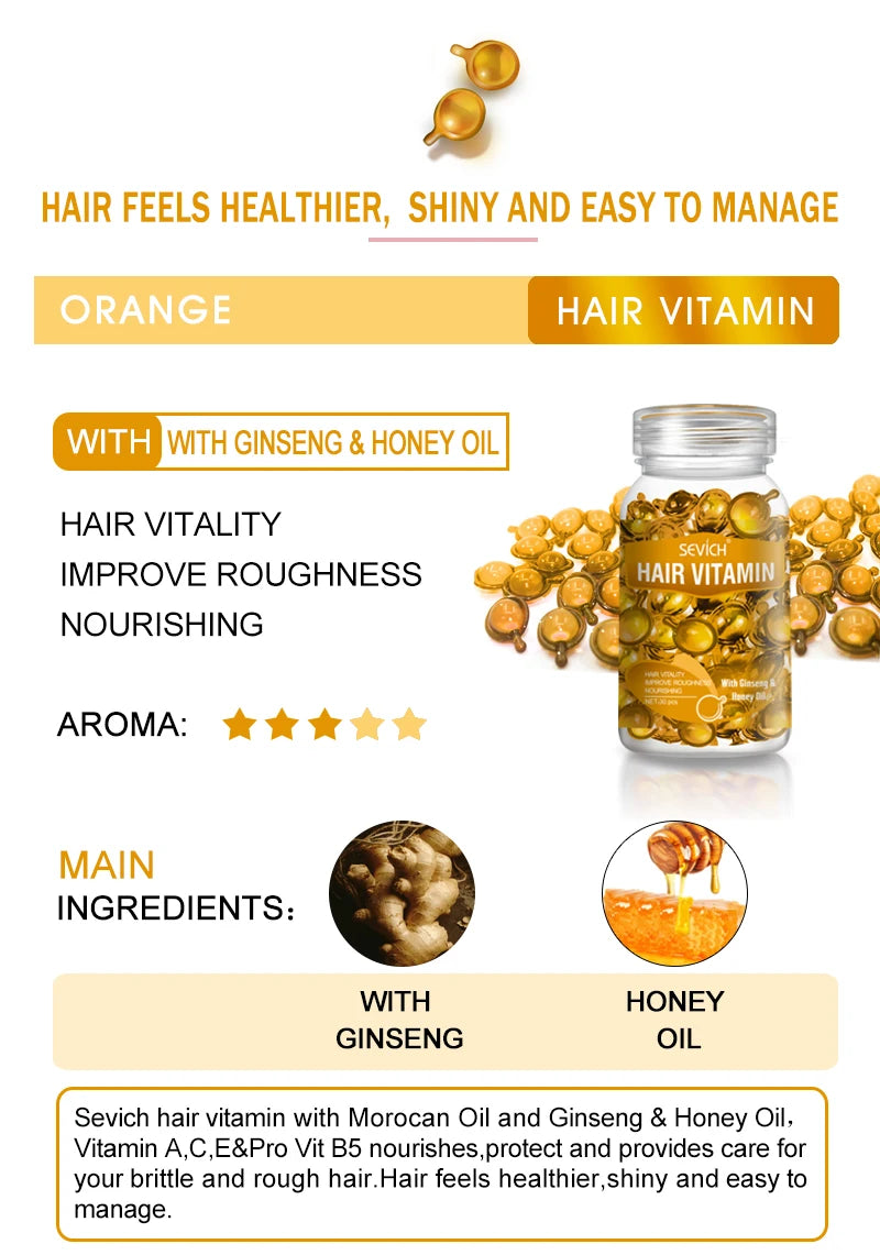 Fast Moisturizing Hair Vitamin Capsule 30pcs/bottle Sevich Smoothing Silky Keratin Complex Oil Nourishing Moroccan Hair Care Oil