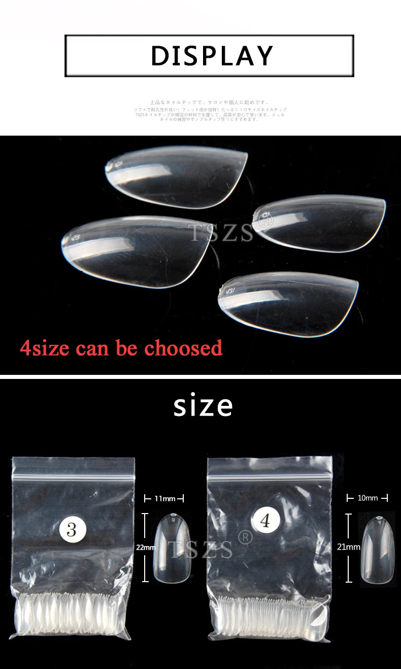 TSZS 200pcs Short Medium Oval Almond Square Fake Nails Full Cover Single Size Acrylic Clear Art Tips For Display Stick-On Nail