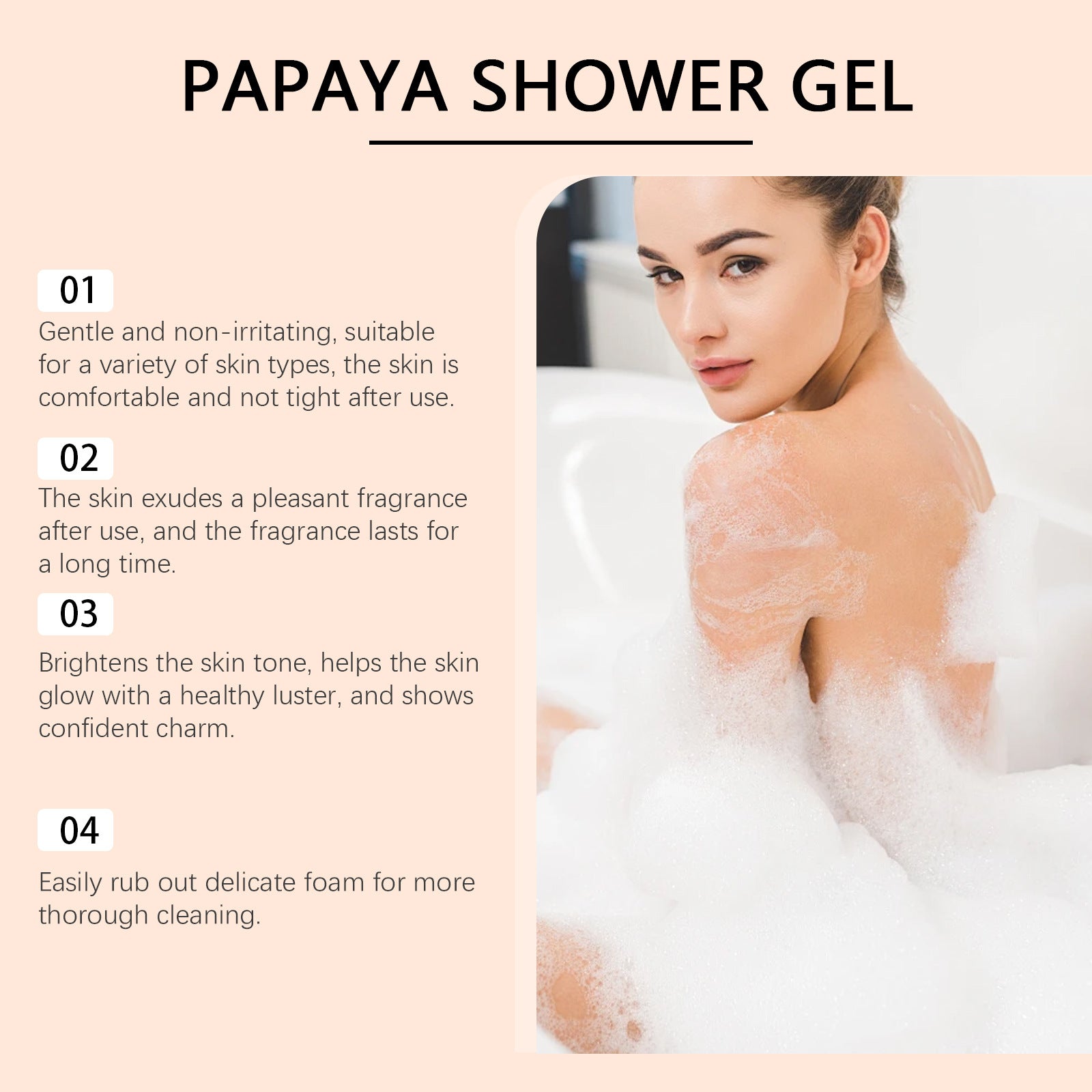 Papaya Shower Gel Whitening Smoothing Cleansing Remove Dirt Fade Pigmentation Rich Foam Lasting Aroma Hydrate Refresh Body Wash