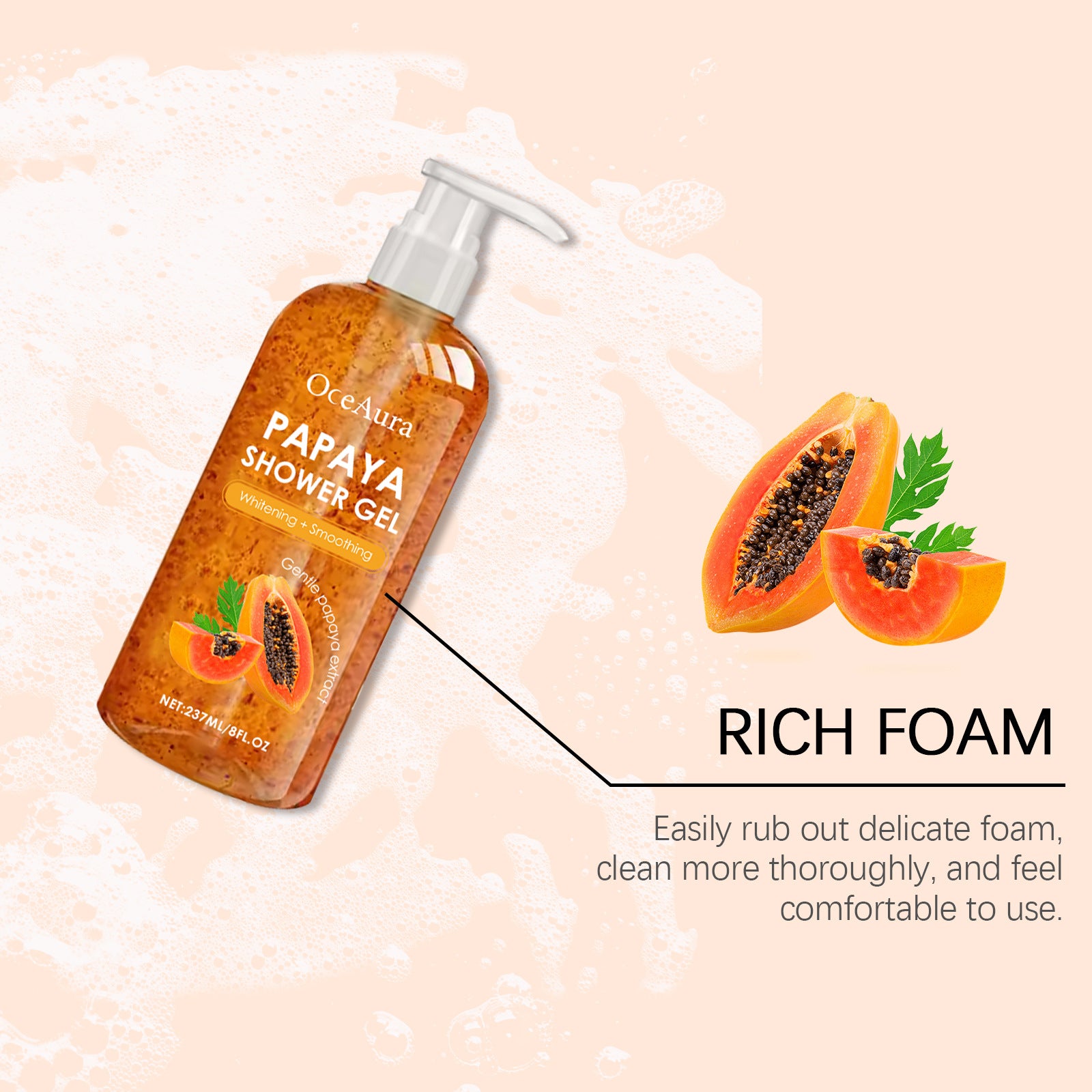 Papaya Shower Gel Whitening Smoothing Cleansing Remove Dirt Fade Pigmentation Rich Foam Lasting Aroma Hydrate Refresh Body Wash