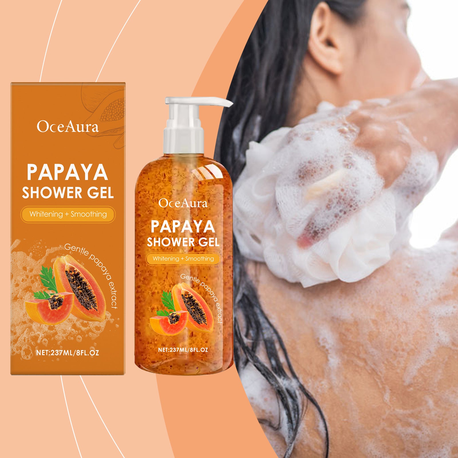Papaya Shower Gel Whitening Smoothing Cleansing Remove Dirt Fade Pigmentation Rich Foam Lasting Aroma Hydrate Refresh Body Wash