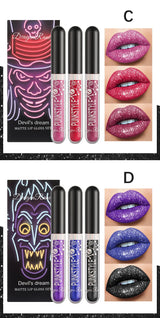 Halloween Lip Gloss Set Sparkling Purple Black Non Stick Lipstick Trio For Party Makeup Beauty Gift