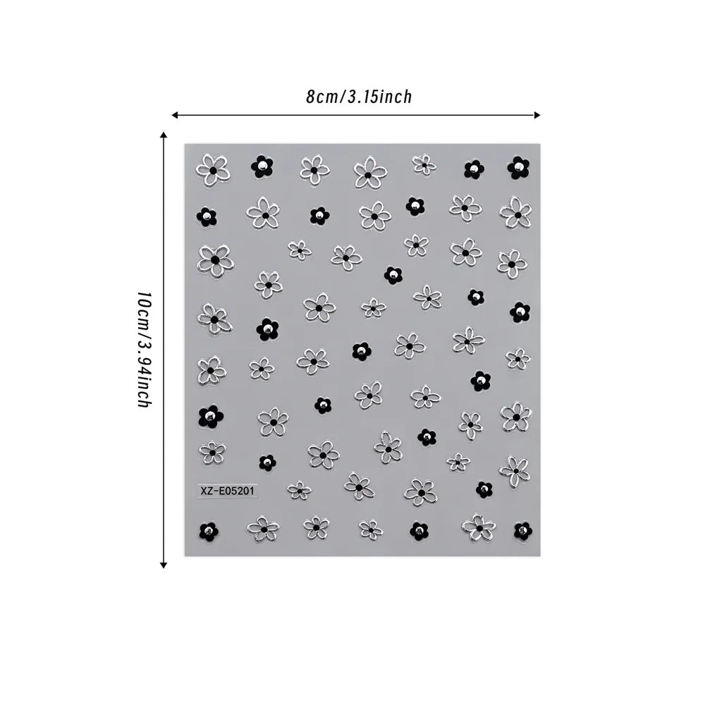 6Pcs 3D Hollow Flower Nail Stickers Black Silver Metallic Piano Key Musical Note Bowknot Adhesive Decals For Nail Art Making