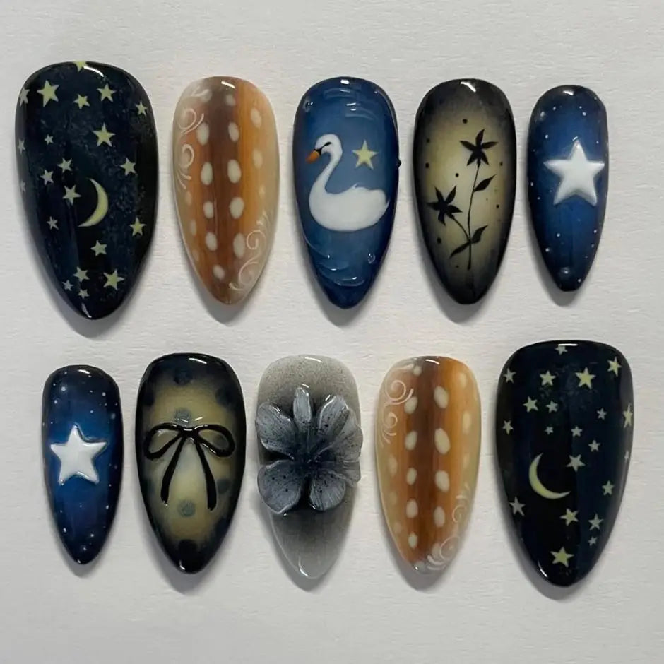 24Pcs Dark Press on Fake Nails with Black Glitter 3D Metallic Designs Sweet Cool Almond False Nails Detachable Nails Spice Girls