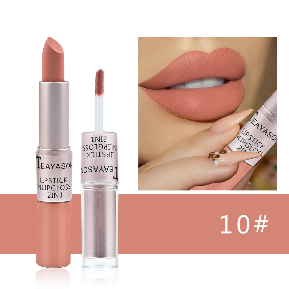 1Pc Long Lasting Velvet Matte Lipstick Double Head Lip Gloss Non-stick Cup Lip Gloss Waterproof 2 in 1 Matte Red Lipstick Makeup