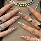 24Pcs Dark Press on Fake Nails with Black Glitter 3D Metallic Designs Sweet Cool Almond False Nails Detachable Nails Spice Girls