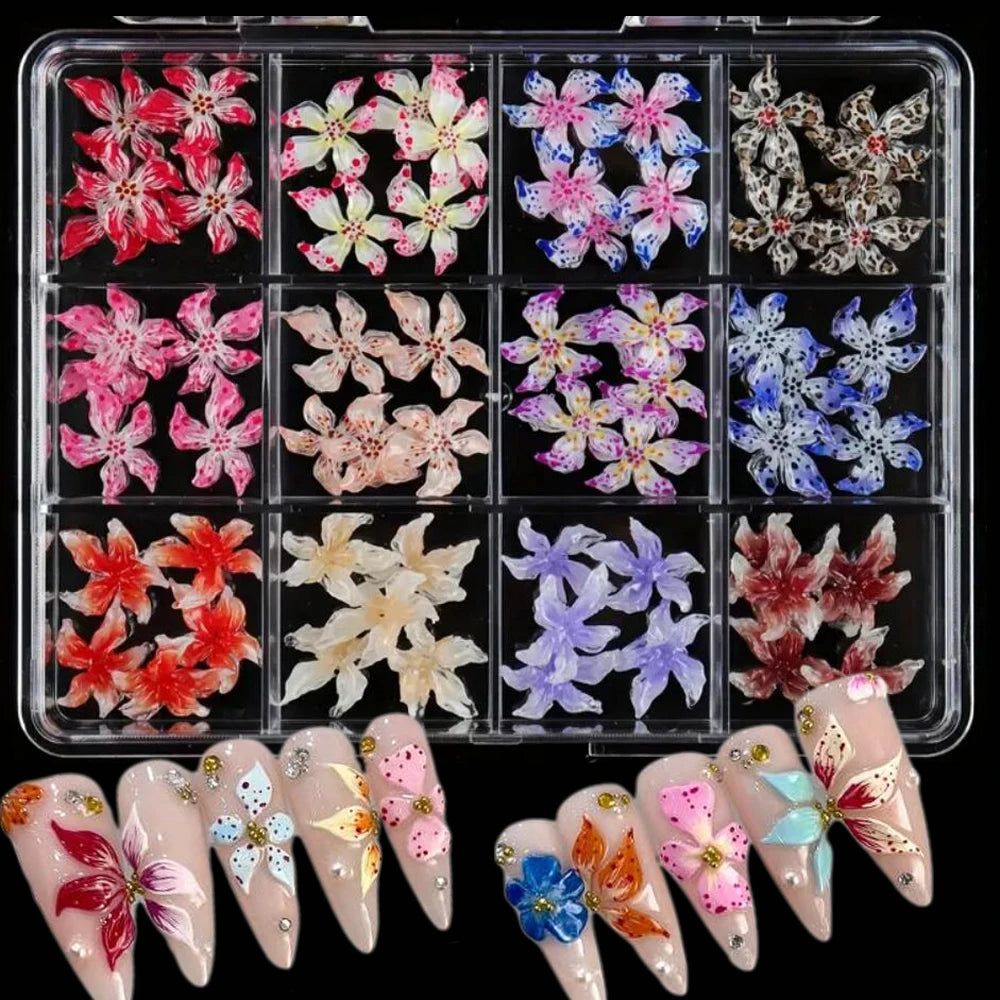 72Pcs 3D Crystal Jelly Soft Spotted Flower Nail Charms Transparent Leopard Lily Hibiscus Hawaiian Floral Nail Decor Nail Supplie