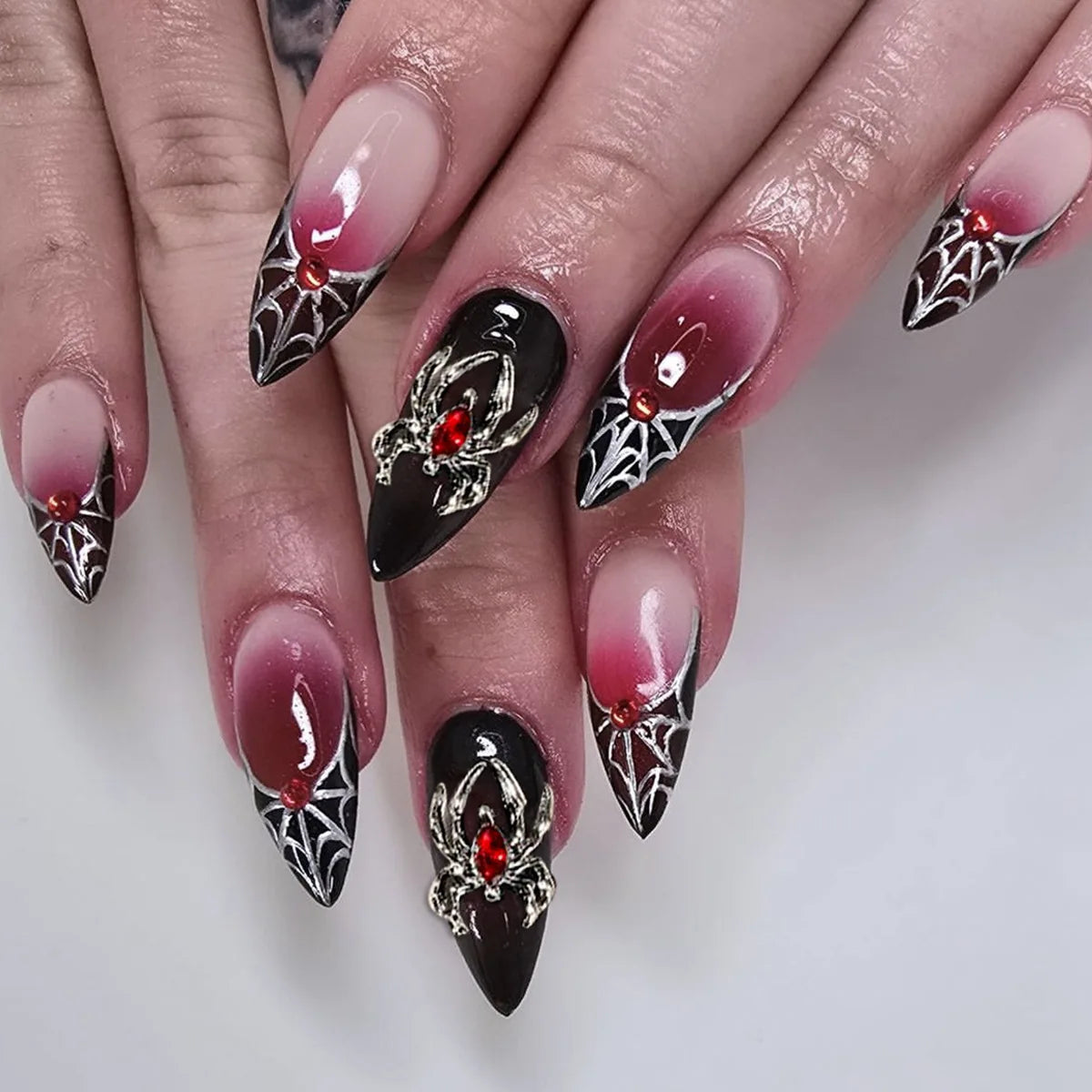24Pcs Dark Press on Fake Nails with Black Glitter 3D Metallic Designs Sweet Cool Almond False Nails Detachable Nails Spice Girls