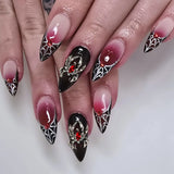 24Pcs Dark Press on Fake Nails with Black Glitter 3D Metallic Designs Sweet Cool Almond False Nails Detachable Nails Spice Girls