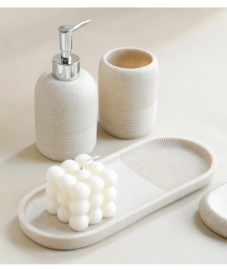5Pcs athroom Accessories set  Lotion Dispenser Toothbrush Holder Tray Tumbler Cup Soap Dish Beige and Grey