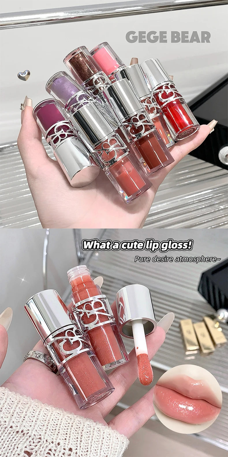 Gege Bear Glittering Mirror Lip Glaze, Watery Shimmering Light Lip Gloss Makeup 8 Colors, Hydrating Moisturizing, Long Lasting