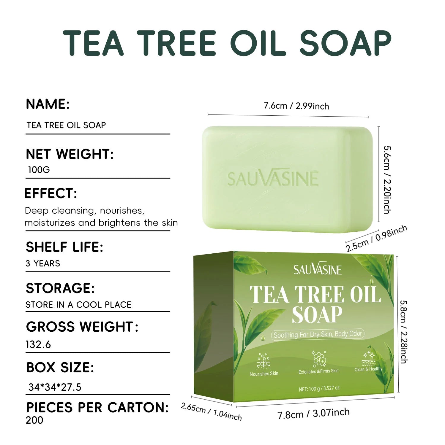 Tea Tree Oil Soap Bar for Men & Women, Deep Cleansing, Soothing for Dry Skin, Body Odor Care, Exfoliates & Firms Skin, 100g
