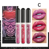 Halloween Lip Gloss Set Sparkling Purple Black Non Stick Lipstick Trio For Party Makeup Beauty Gift