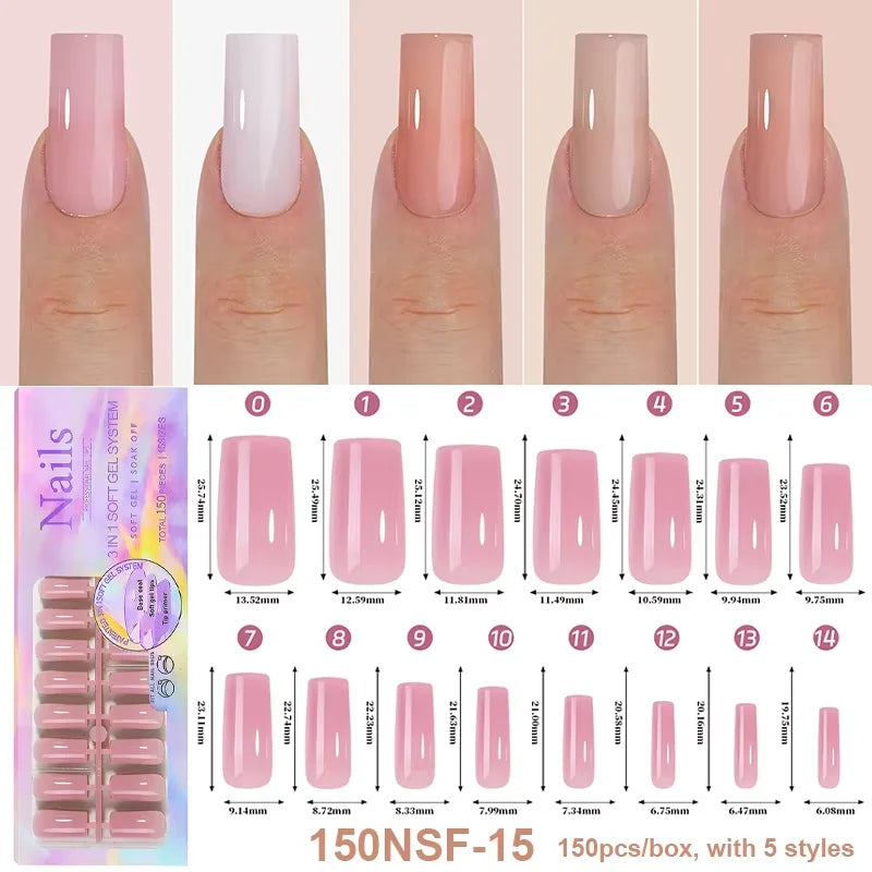 150Pcs/Box Acrylic Press on Nails Full Cover Fake False Tips Soft Gel Extension T-shaped Oval Capsule Almond Sculpted Salon DIY