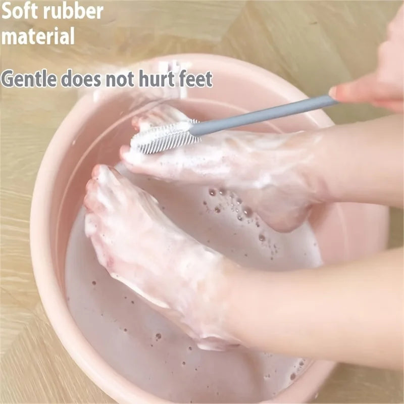 Ergonomic Long Handle Foot Scrub Brush, Soft Silicone Toe Cleaner, Exfoliating Foot Massage Bath Brush