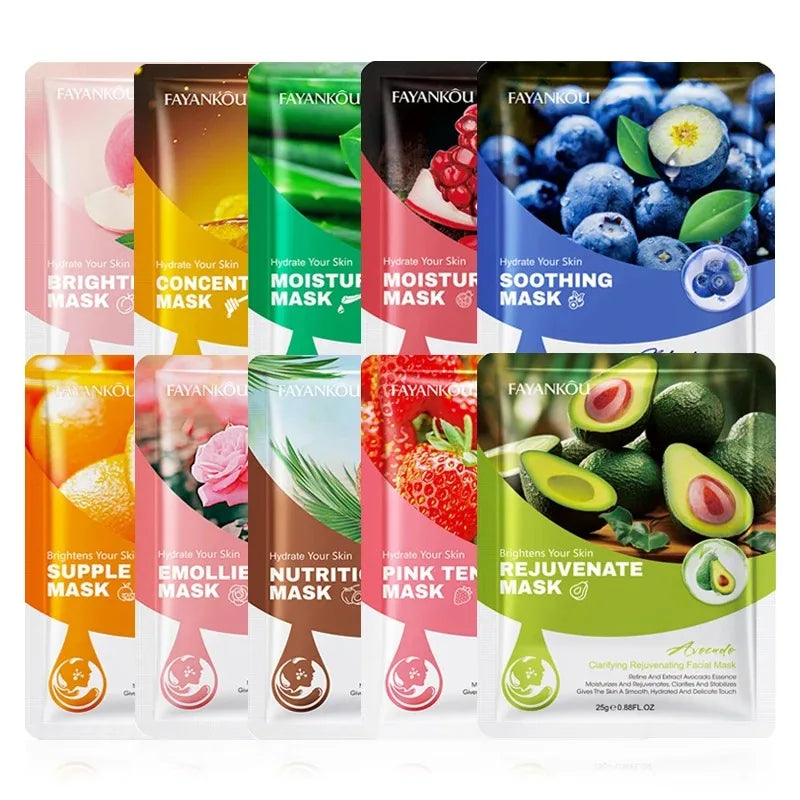 10Pcs Fruits Facial Masks for Face Skincare Moisturizing Brightening Hydrating Firmingface Mask Beauty Face Skin Care Products