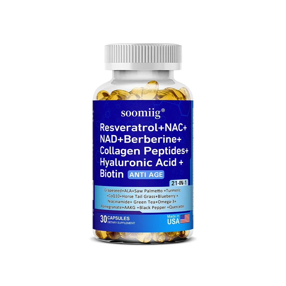 Vitamax 21-in-1 Supplement | NAD+ Resveratrol Collagen Berberine | Supports Hair, Skin, Nails, Joints, Anti-aging, Firming Skin