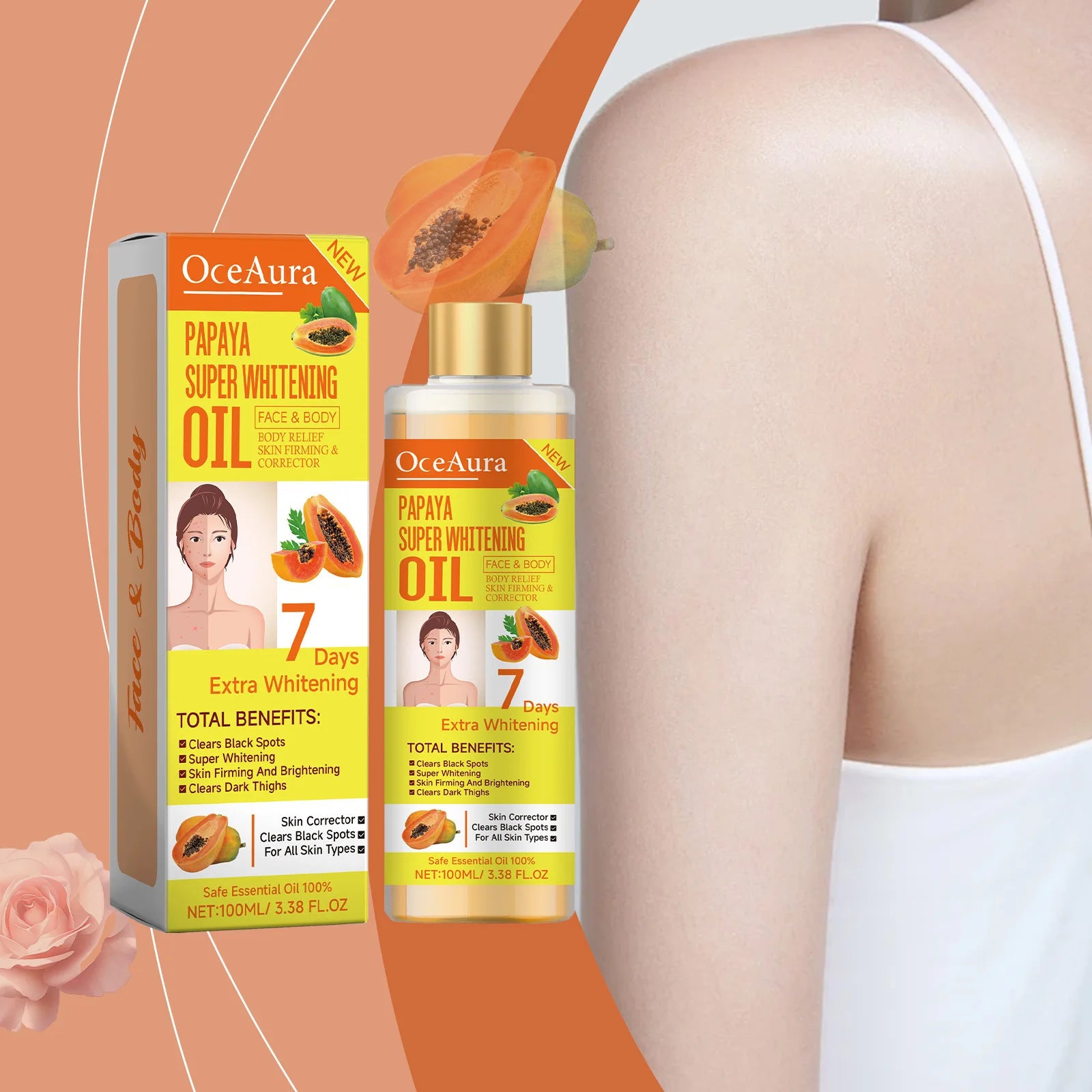 OceAura Papaya Oil for Skin Lightening 7 Days Whitening Body Firming Dark Skin Removal Oil for Muscle Relaxation Massage Thighs