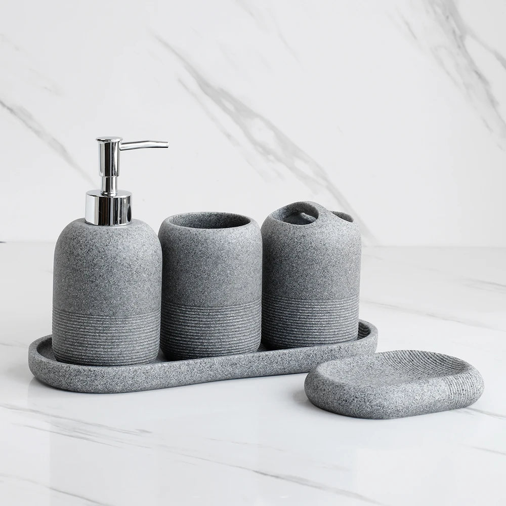 5Pcs athroom Accessories set  Lotion Dispenser Toothbrush Holder Tray Tumbler Cup Soap Dish Beige and Grey