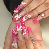 24Pcs Long Square Press on Nails Leopard Print French 3D Cherry Design False Nail Rhinestone Wearable Full Cover Fake Nails Tips
