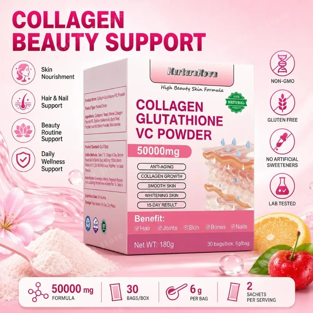 Collagen Peptides Glutathione Vitamin C Powder 30 Sachets, Marine Collagen Drink Mix for Beauty Wellness Support Adults 180g