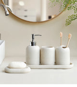 5Pcs athroom Accessories set  Lotion Dispenser Toothbrush Holder Tray Tumbler Cup Soap Dish Beige and Grey