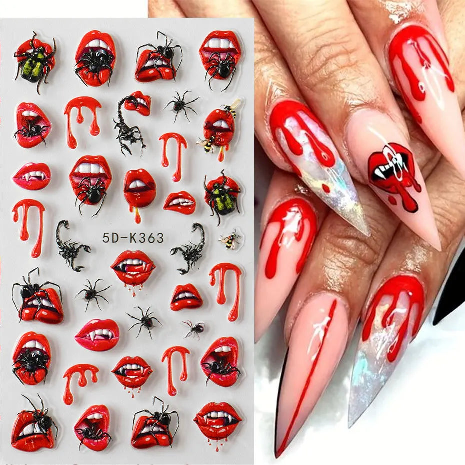 1/2pcs Charming Embossed Lips & Spider Nail Decals 5D Sexy Red Lip Nail Art Sticker Halloween Punk Style Manicure Accessories