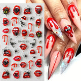 1/2pcs Charming Embossed Lips & Spider Nail Decals 5D Sexy Red Lip Nail Art Sticker Halloween Punk Style Manicure Accessories