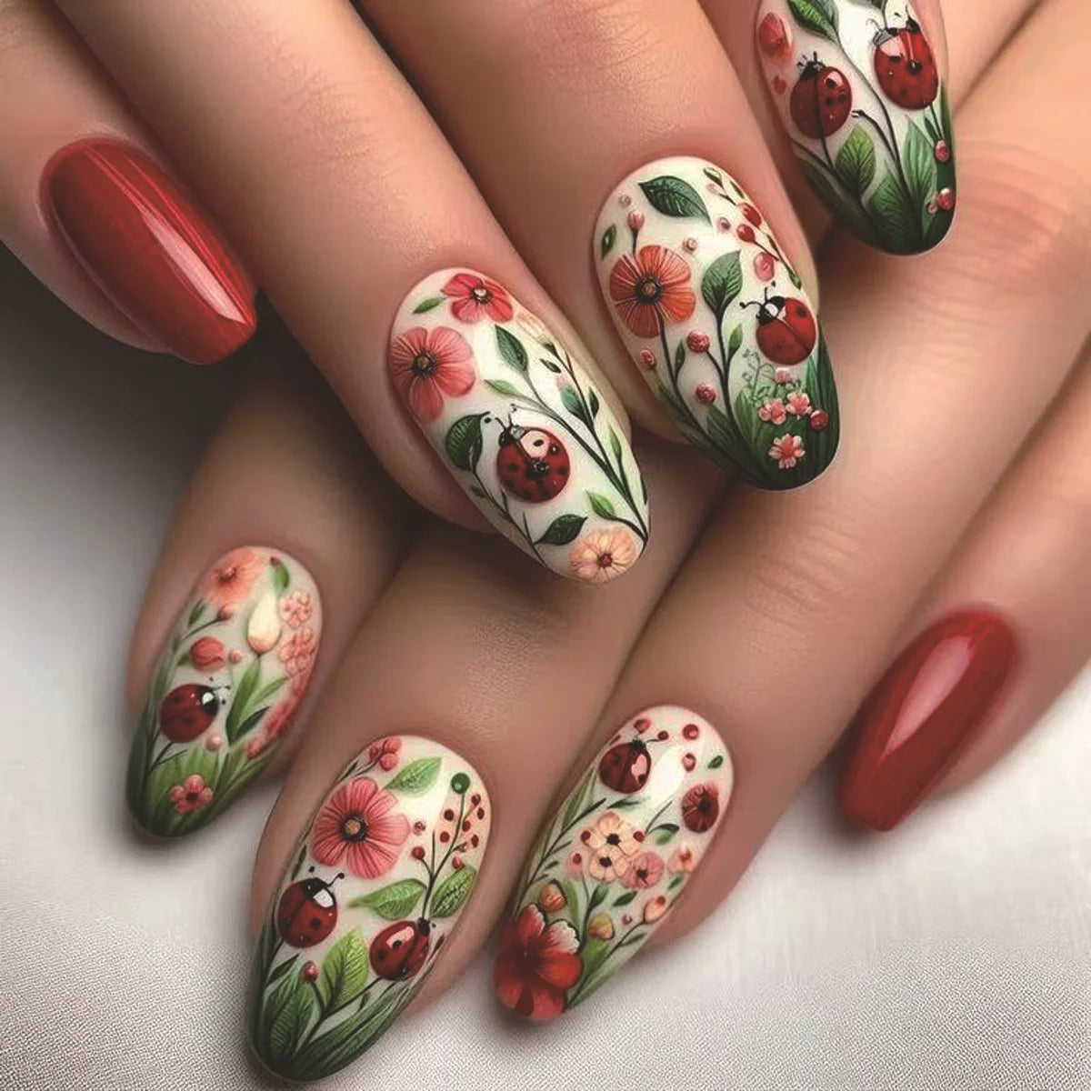 24Pcs Autumn Winter Matte Almond False Nails with Glue Rose Leaf Printing Nail Art Simple Full Cover Press on Acrylic Nails Tips