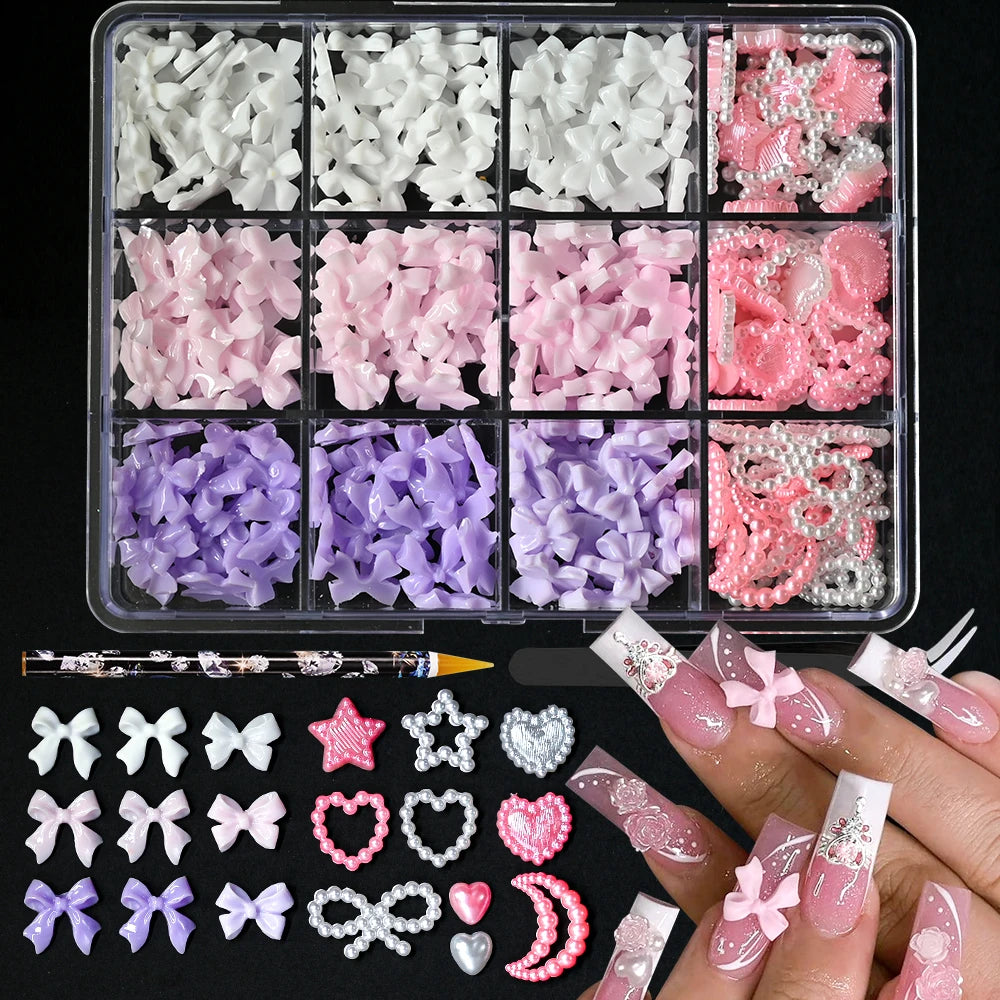12Grid/Box Mixed Resin Bowknot Nail Charms 3D Colorful Bow Kawaii Rhinestone Nail Art Decorations DIY Manicure Parts Pen Tweezer