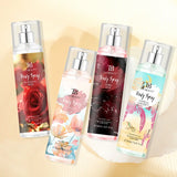 The fragrance spray has a long-lasting, faint floral scent with a fruity note. It is a fragrance body spray without alcohol.