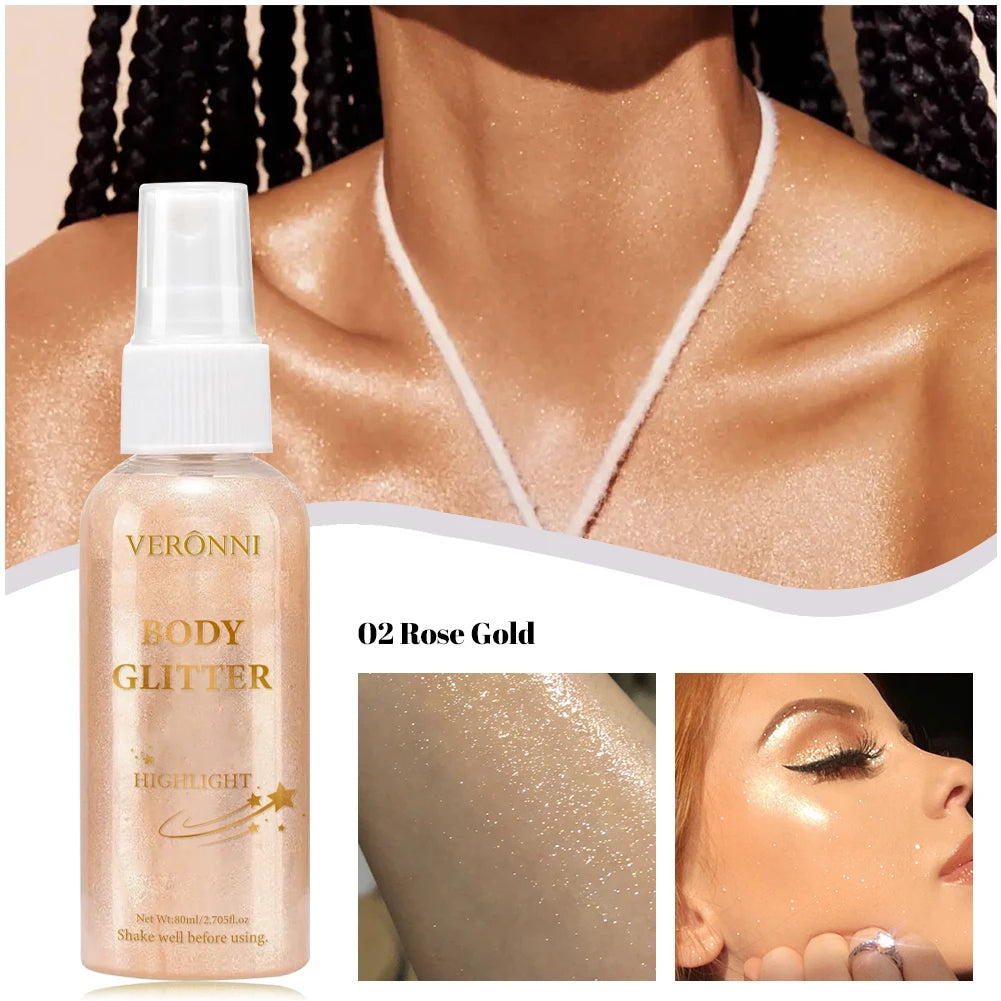 Body Highlighter Spray–Quick-Dry Non-Sticky Shimmer Mist, Fine Glitter for Hair & Skin,Water-Resistant Long-Lasting Summer Glow