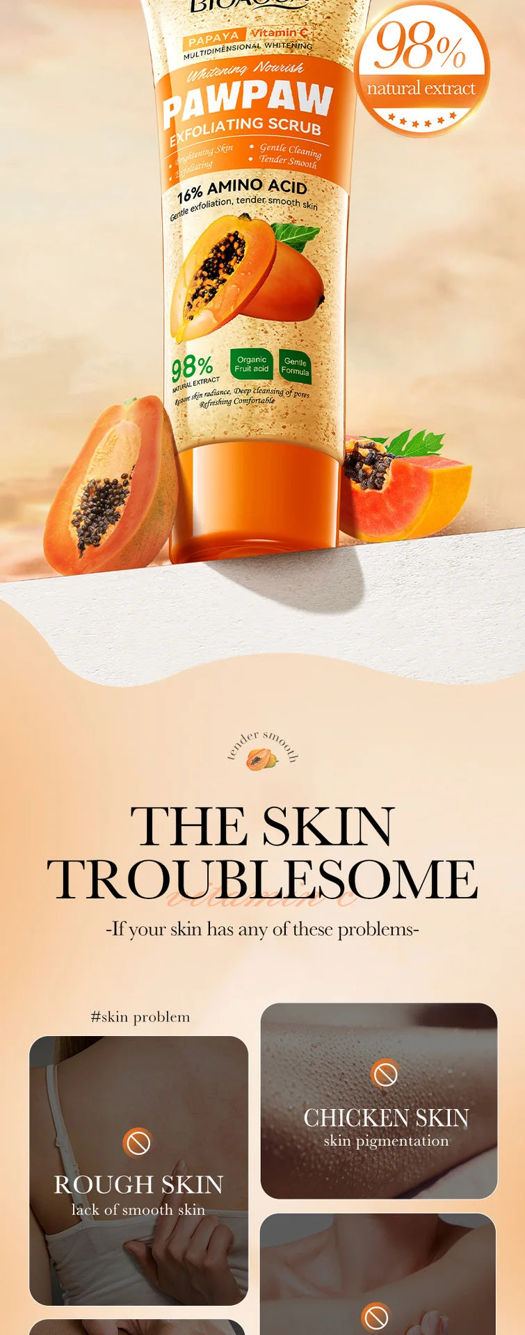 100g Papaya Vitamin C Exfoliating Scrub Cream, Hypoallergenic, Moisturizing, Exfoliation, Scented with Papaya, Deep Cleansing