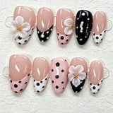 24PCS Pink Almond Press on Nails Full Cover Carved Flower 3D Ripples French Fake Nails for Women with Golden Pearl Wearable Nail