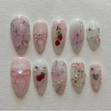 24PCS Medium Almond Press On Nails Wine Red Cute Cartoon Rabbit Bowknot Plaid Pearl False Nails Kawaii Nails Full Cover Wearable