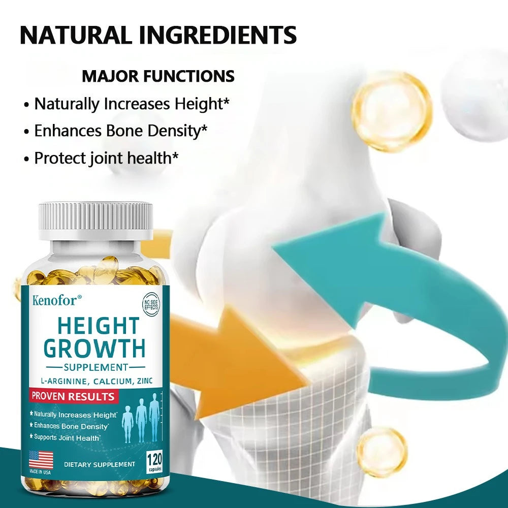 Natural Height Growth Calcium Vitamin D Supplement Vegetarian Capsules, Increase Bone Strength, Height Promoter Capsules Adults