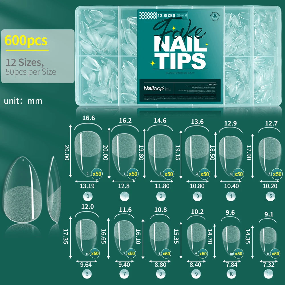NAILPOP Soft Gel Nail Tips 600PCS Pre-Buff Full Cover Coffin Almond  Oval Shaped Nail Extenison Tips Half Matte Gel X Fake Nails