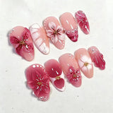 24Pcs Mid-length Gilded Almond Nails Set Press on 3D Flower Gradient Pink Full Cover False Nails Tips Pearl Reusable Fake Nails