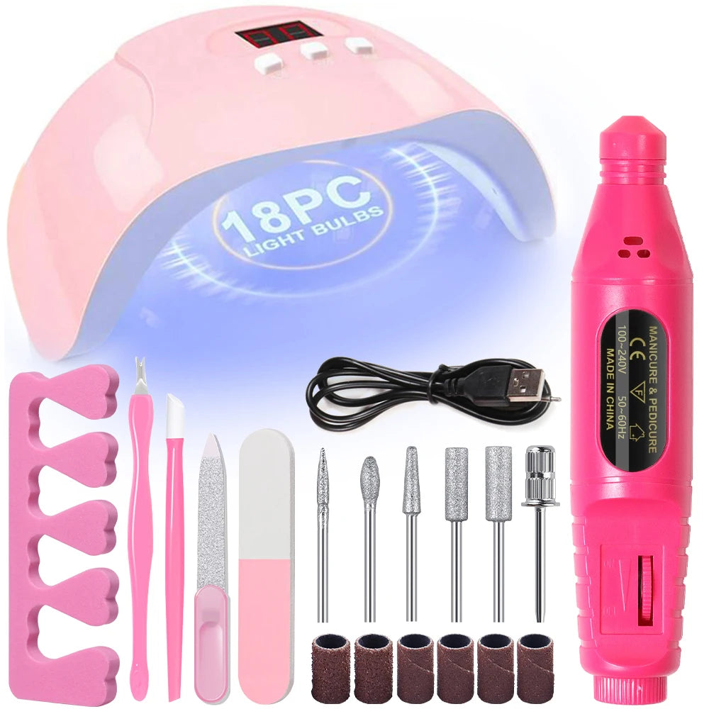 Professional Nail Art Kit with 54W UV Lamp Glue Dryer Polisher Dead Skin Remover Finger Separator Manicure Pedicure Home Use