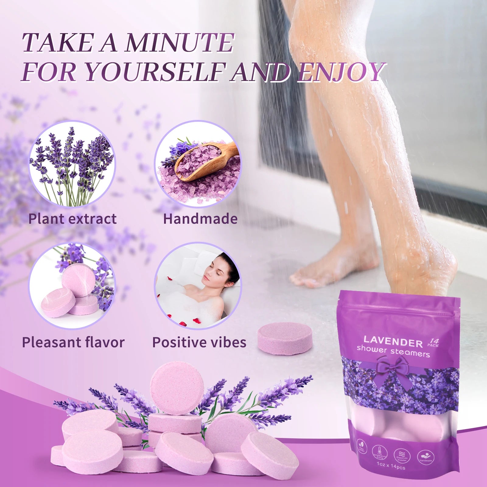 Lavender Shower Tablet Natural Essential Oil Shower Moisturizing Stress Relieving Bath Salt Tablets Suitable for Women and Men