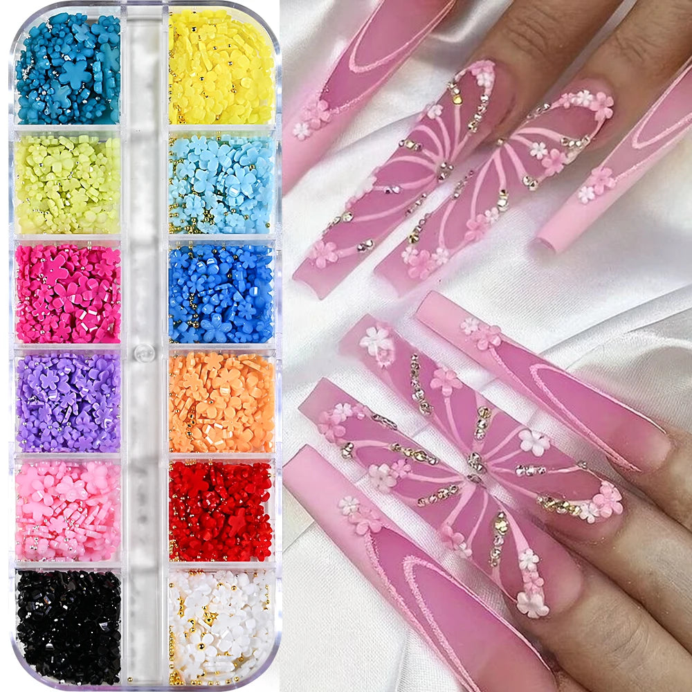 12Grid/Box Mixed Resin Bowknot Nail Charms 3D Colorful Bow Kawaii Rhinestone Nail Art Decorations DIY Manicure Parts Pen Tweezer