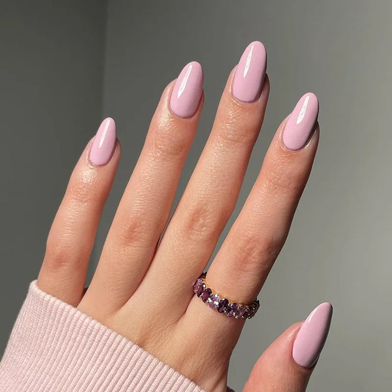 24Pcs Simple Wine Red Fake Nail with Mid-length Design Almond Press on False Nails Wearable Round Head Oval Full Cover Nail Tips