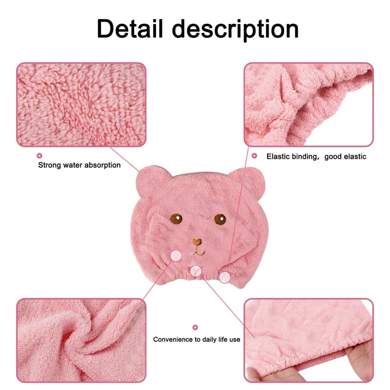 Super Absorbent Hair Drying Bath Towel Cap Cute Cartoon Bear Microfibre Soft Dry Hair Wrap Bathroom Accessories Bonnets