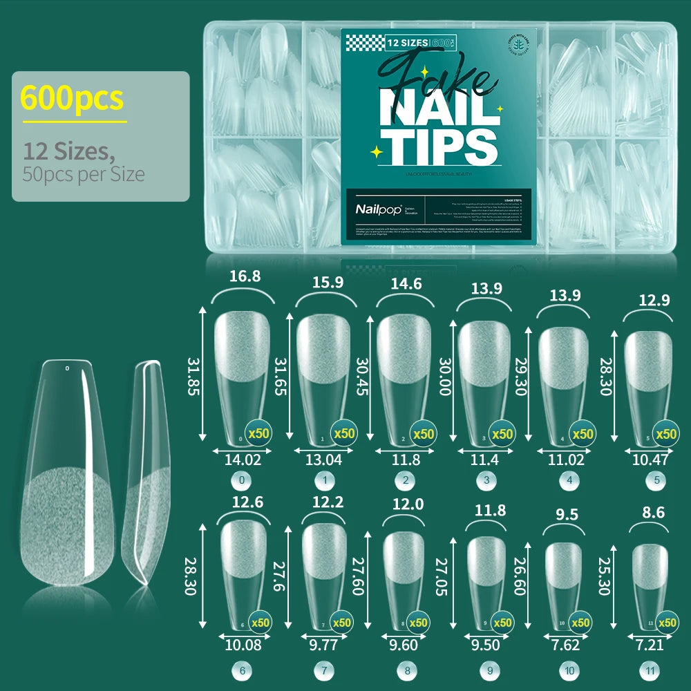 NAILPOP Soft Gel Nail Tips 600PCS Pre-Buff Full Cover Coffin Almond  Oval Shaped Nail Extenison Tips Half Matte Gel X Fake Nails