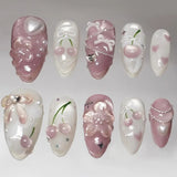 24Pcs Mid-length Gilded Almond Nails Set Press on 3D Flower Gradient Pink Full Cover False Nails Tips Pearl Reusable Fake Nails