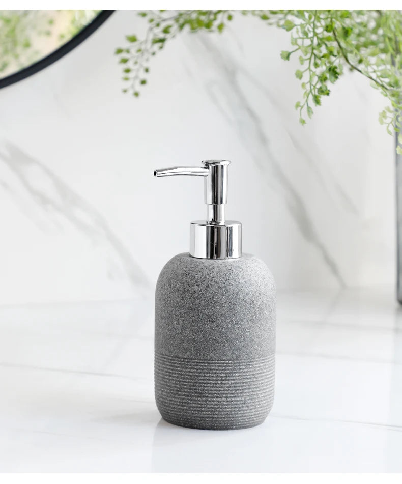 5Pcs athroom Accessories set  Lotion Dispenser Toothbrush Holder Tray Tumbler Cup Soap Dish Beige and Grey