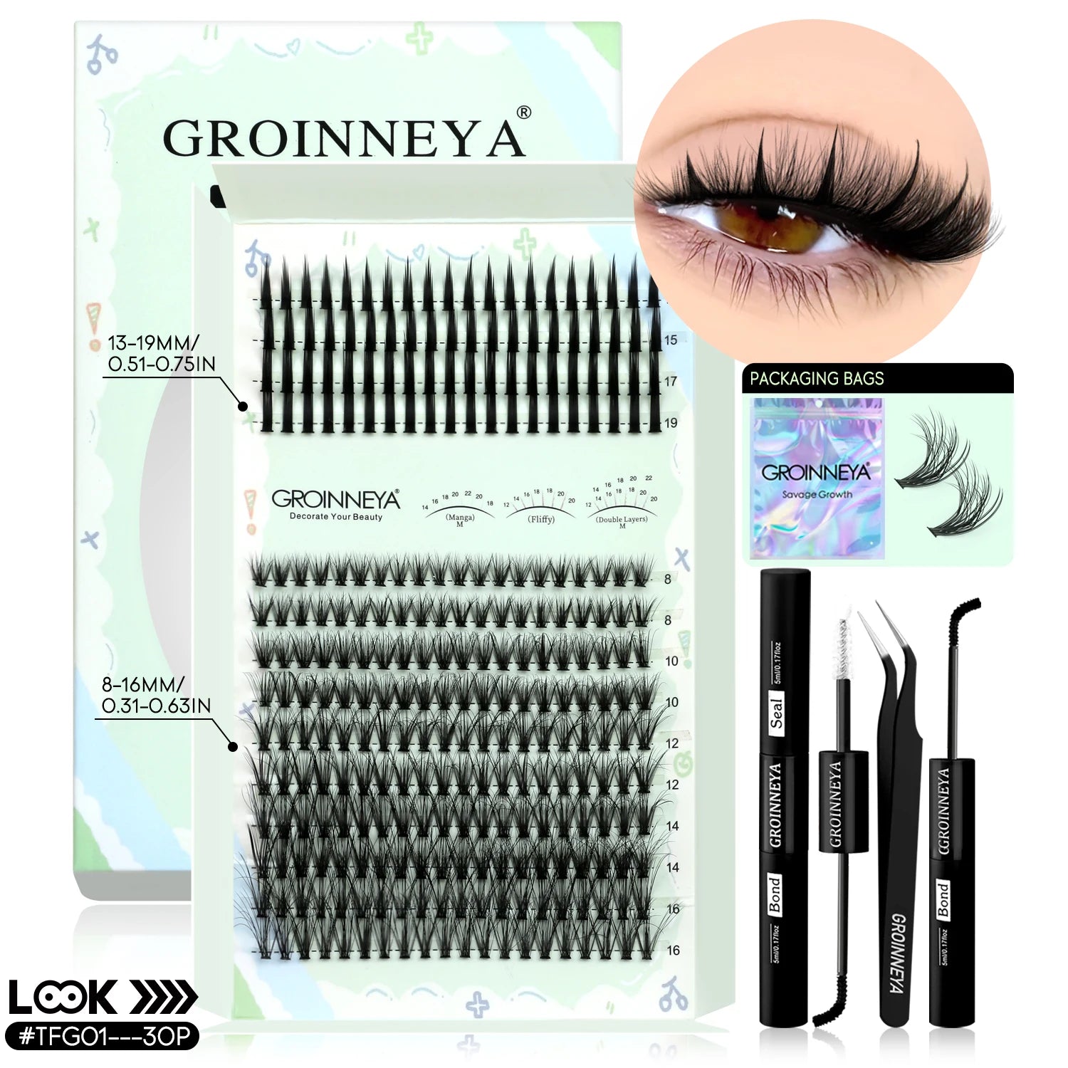 GROINNEYA Lash Clusters Kit Spikes Lash Individuals Eyelash Clusters D-Curly Lash Clusters Kit with Bond and Seal Makeup